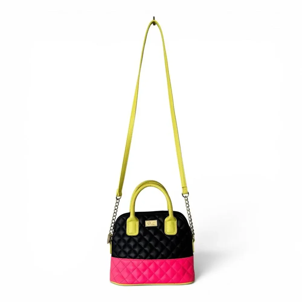 Luv Betsey by Betsey Johnson Black Pink Quilted Satchel Crossbody Bag Gold Chain